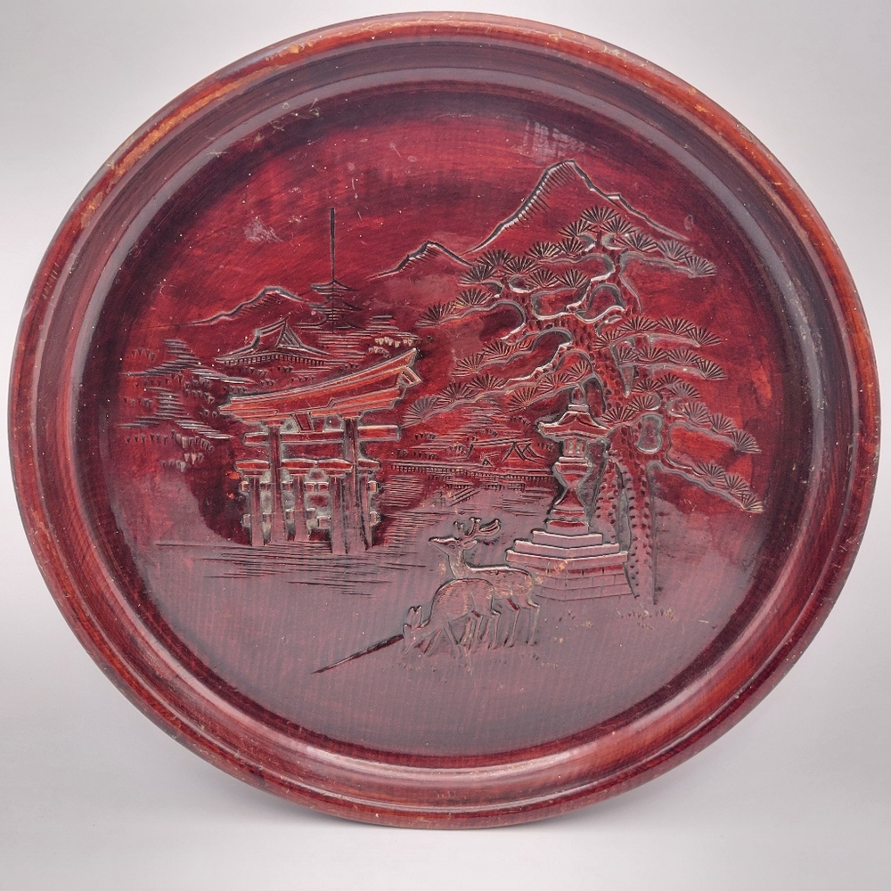 Antique Cypress Wood Carved Tray 13" Japanese Nature Temple Scene Osaka